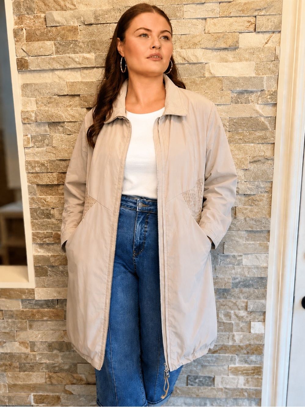 Creenstone Light taupe Hooded Women's Coat - Neutral Long Jacket
